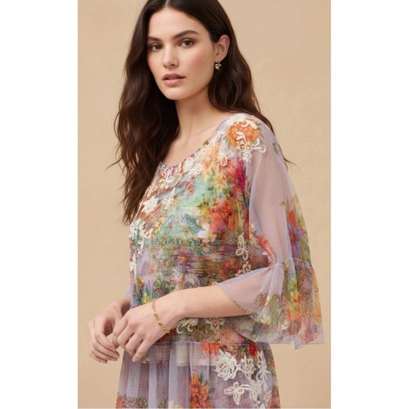 Johnny Was Tops - NWT Johnny Was Mae Floral Mesh Top w/ Slip Sz M Embroidered Asteria Floral $298